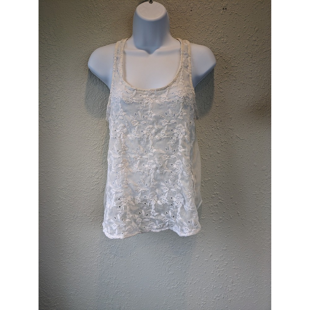 Abercrombie & Fitch Embroidered Ivory Sheer Lace SMALL‎ Tank Top Y2K Tulip Hem